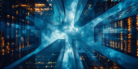 A city skyline with four tall buildings and a cloudy sky