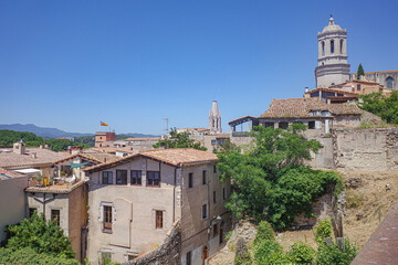 Girona, Spain - 23 July, 2024: Views over the city of Girona from the city walls, Girona, Catalonia