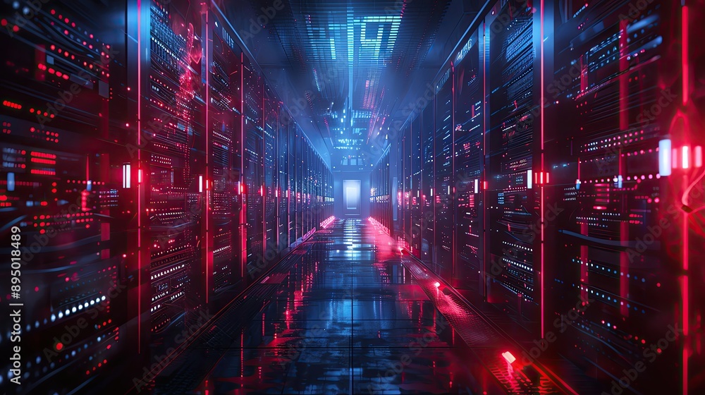 Poster high-tech data center with futuristic red lighting, showcasing powerful servers and advanced technol