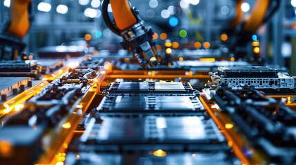 Industrial robotic arms assembling electronic components on a high-tech production line. Automation, manufacturing, robotics, industrial engineering, technology in electronics manufacturing.