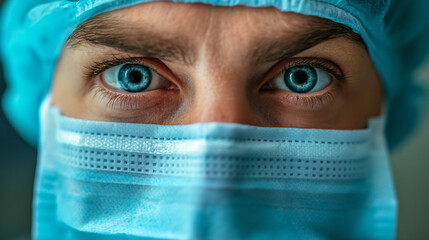 Close-up of medical professional wearing blue surgical mask and cap. Generative AI	