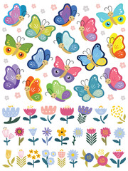 Summer smiling butterflies, flowers. Hand drawn cute cartoon summer characters isolated on white background. Color insect clipart. Baby shower design elements. Party invitation, birthday celebration