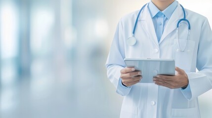 A doctor is holding a tablet in front of a white background