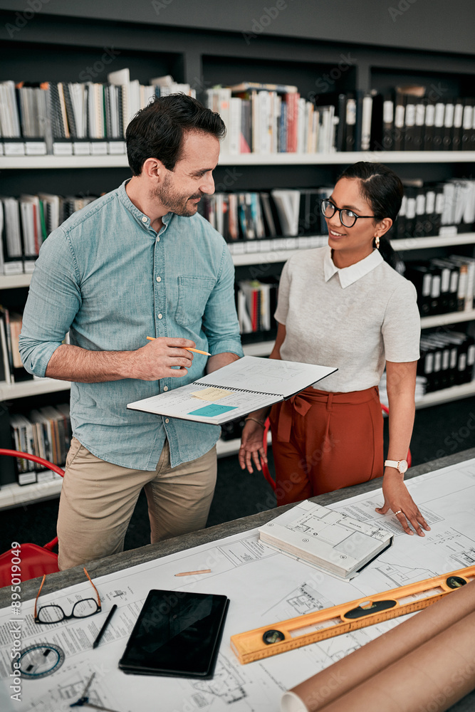Poster Man, woman and book for architecture with blueprint in talk, design and property expansion in office. People, reading and check notes for floor plan, draft or quality assurance at construction agency