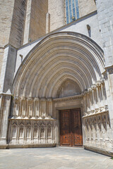 Girona, Spain - 23 July, 2024: Portal of the Apostles entrance to the Cathedral of Saint Mary of Girona, Catalonia