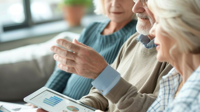 Elderly couple using a digital tablet to analyze financial charts and graphs. Retirement planning, senior finances, technology education, digital literacy, financial advice.