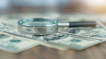 A magnifying glass is on top of a pile of money