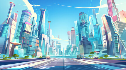 Obraz premium A future city street with futuristic glass buildings, Game background, Illustration