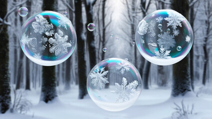 Frozen Soap Bubbles in Winter Forest