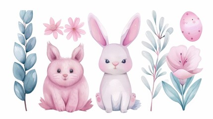 Obraz premium A cute bunny and a cat are sitting in a garden with flowers