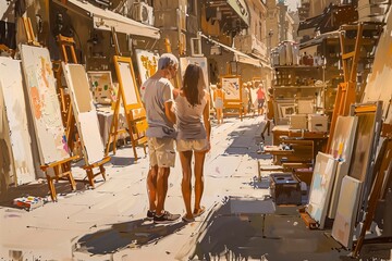 Obraz premium Couple Walking Through A Sunlit Street Art Market, Admiring Paintings Displayed On Easels
