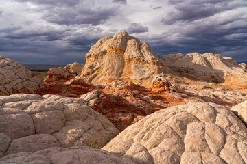 Eroded Navajo sandstone form patterns referred to as Brain Rocks, White Pocket, Arizona, USA