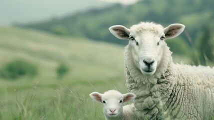 Obraz premium A mother sheep and her baby sheep are standing in a grassy field