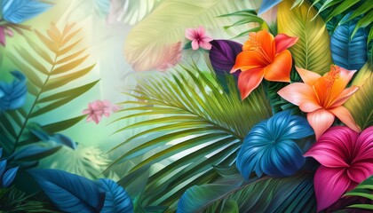 Tropical Paradise- A lively background with tropical leaves and flowers in bright colors