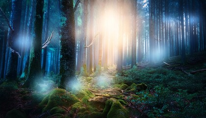 Fototapeta premium Ethereal Forest Spirits- A mystical forest inhabited by ethereal spirits, glowing softly