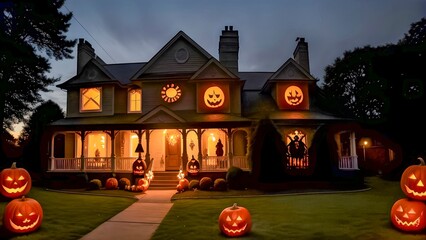 Halloween-Themed House With Glowing Jack-O'-Lanterns Adorning The Porch And Lawn