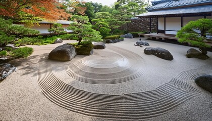 Obraz premium Japanese Zen Garden- A peaceful Japanese garden with meticulously raked sand