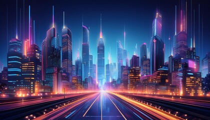Modern Urban Skyline- A futuristic cityscape at night, with towering skyscrapers, neon light