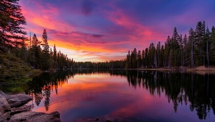 Sunset Over a Serene Lake- A tranquil lake surrounded by dense pine forests