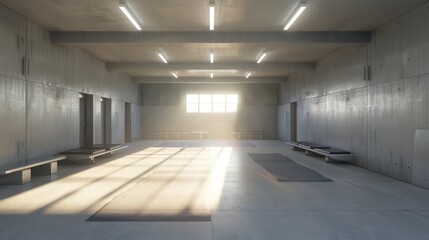 A large, empty room with a window that lets in sunlight