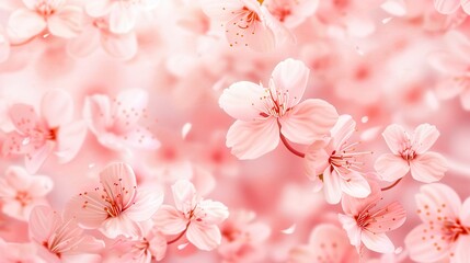 Delicate, pastel pattern of sakura flowers (cherry blossoms) on a light pink background. The flowers are subtle and detailed, creating a harmonious and calm composition, perfect for wallpapers. 