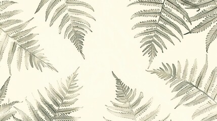 Detailed sketch of fern leaves on a cream background. Leaves delicately outlined with a thin line create a subtle, elegant pattern on a light background.