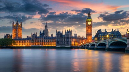 Fototapeta premium London cityscape with Big Ben Tower clock and City of Westminster and bridge, illuminated at dusk in England 