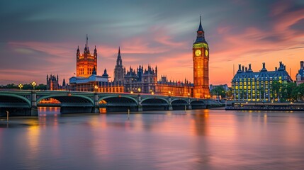 Obraz premium London cityscape with Big Ben Tower clock and City of Westminster and bridge, illuminated at dusk in England 