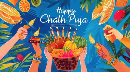 illustration of Happy Chhath Puja Holiday background for Sun festival of India.vector