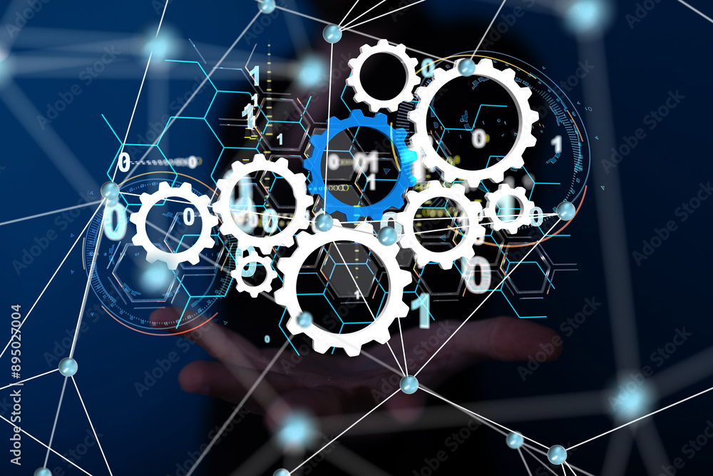 Poster Neural network 3D illustration. Big data and cybersecurity