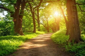 Fototapeta premium Sunlit forest path surrounded by lush green trees and foliage