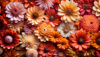 Fototapeta premium Lively autumn flowers in orange and red hues. Fall season atmosphere. Blooming florals, home decoration. Beautiful nature top view.