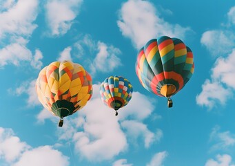 Naklejka premium Colorful Hot Air Balloons Floating in Blue Sky with Clouds