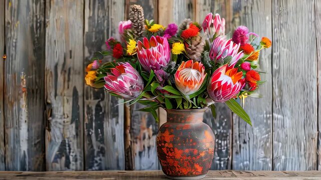 A vibrant bouquet of protea flowers arranged in a rustic vase on a wooden table. 
