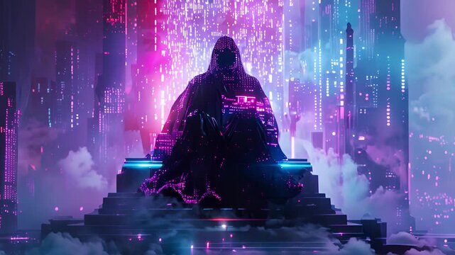 A figure sitting on a throne made entirely of outmoded technology surrounded by a hazy pixelated mist and flashing lights signifying their rule over the realm of weirdcore digital art.