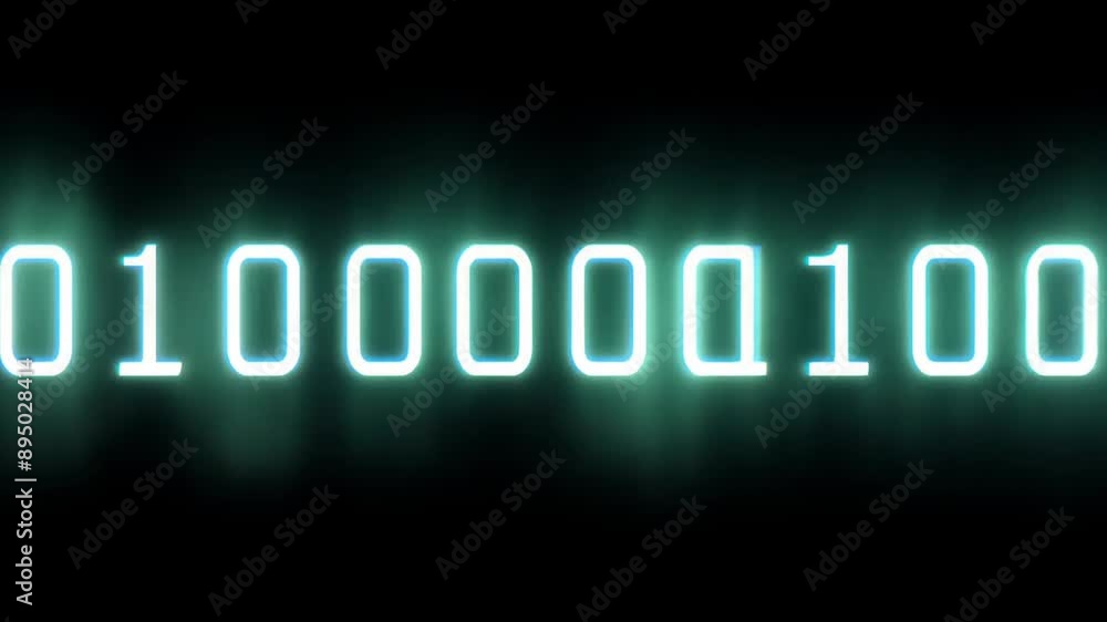 Poster A close-up shot of a digital display showing the binary code in a glowing blue and green color. The display is set against a dark background.