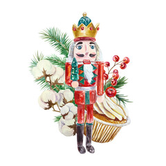 Nutcracker. Christmas card with fir branches, cotton, berries, muffin. Hand drawn watercolor illustration isolated on white background. For New Year invitations, banners, posters, covers, labels.