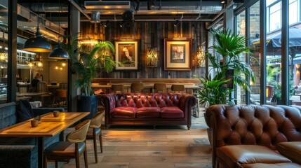 Fototapeta premium LONDON, UNITED KINGDOM- DECEMBER 30, 2017: Interior design and decoration of 'The Pilgrm hotel' near Paddington underground station decorated with wooden furniture and suede leather couch- England, UK