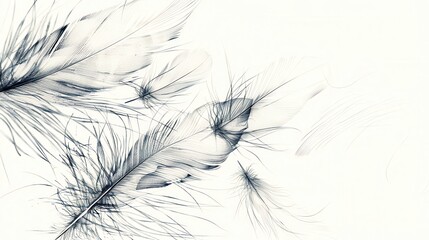 Fototapeta premium Sketch of bird feathers on a white background. The feathers are delicately outlined, with clear details, creating a light and natural composition on light background