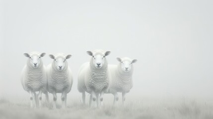 Fototapeta premium Four white sheep standing in a field