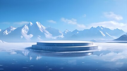 Ice podium background snow winter product platform cold mountain 3D. Podium ice display background cosmetic sky floor blue scene landscape frozen white cool stand pedestal minimal rock glacier nature.