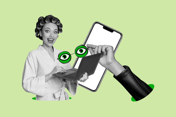 Creative poster collage of shocked female housewife eyes watching eyewear social media spying...