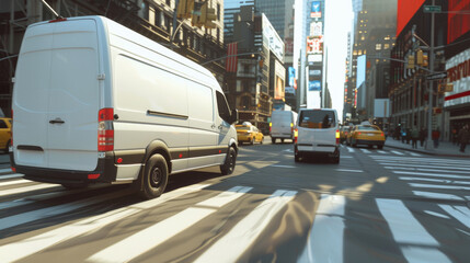 White van driving through the crosswalk in the middle of the big city with skyscrapers and yellow...