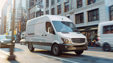 White van driving down a busy city street.