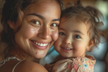 A mother and her young daughter share a loving and happy moment, their smiles radiating warmth and joy.