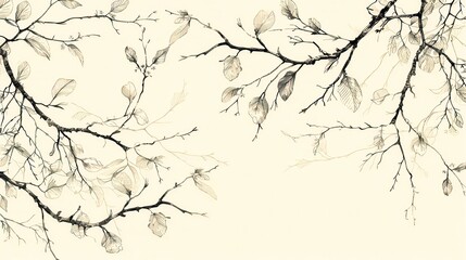 Sketch of tree branches with leaves, creating a natural pattern on a light background. The branches are precisely drawn and the leaves add an organic character. 