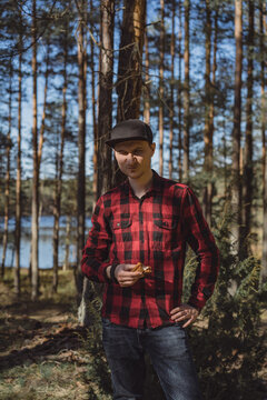 Man in the forest on a picnic.