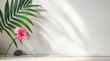 Scandinavian-style home decor: pink tropical flower on table with text space