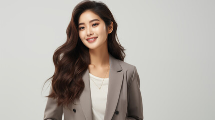 Profile picture, Medium shot of a beautiful Korean woman with long hair, glowing skin, smiling, wearing a grey jacket, holding a laptop, on a white background.