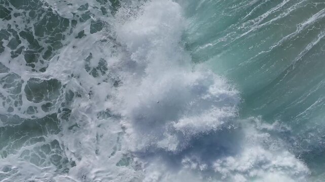 Rough Stormy Waves Over The Foamy Surface. Aerial Shot